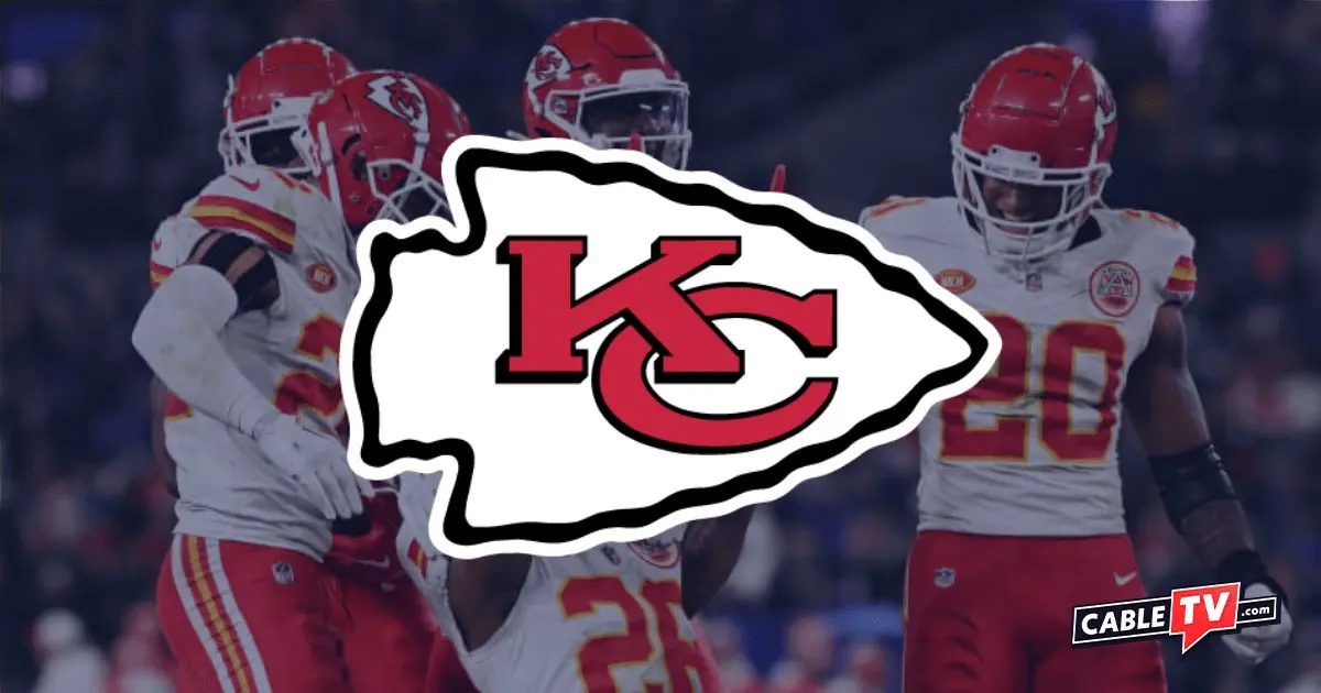 The Kansas City Chiefs logo over an action shot of the team.