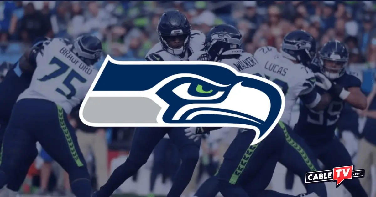 The Seattle Seahawks logo over an action shot of the team.