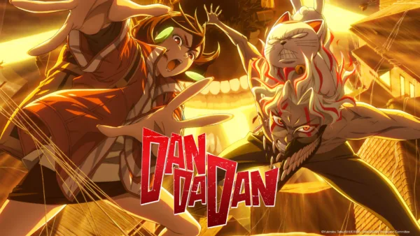 "Dan Da Dan" season 2 key art. Two anime characters are standing in action poses on a bright golden background.