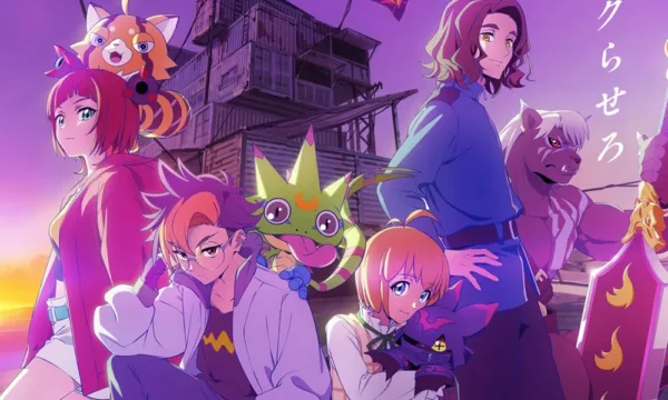 Several anime characters stand in purple lighting with their digimon monsters.