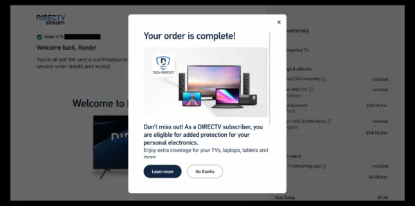 Screenshot of DIRECTV STREAM’s “order complete” screen shows order details.
