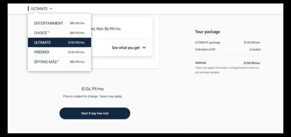 Screenshot of the package choice screen in the DIRECTV STREAM free trial process shows packages and pricing, plus the "Start 5-day free trial" button.