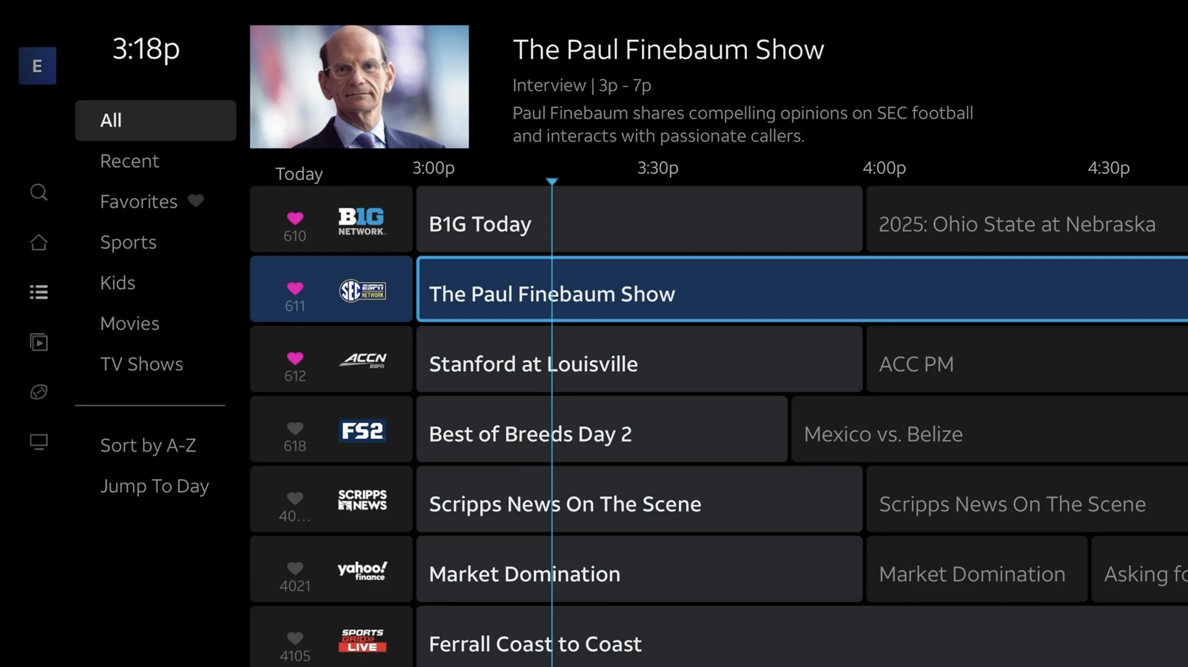 The DIRECTV MySports channel guide displays rows of sports-centric networks.