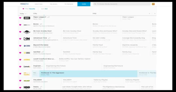 The STREAM with DIRECTV live channel guide shows the programming schedule.