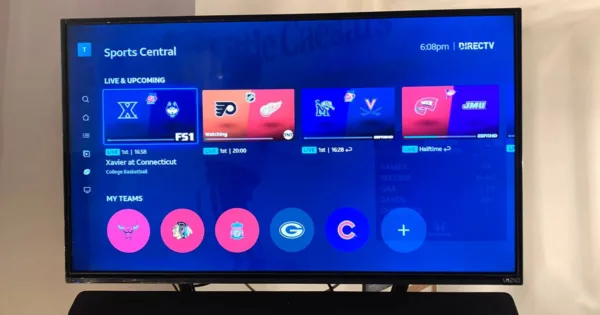 DIRECTV STREAM’s Sports Central menu displays live and upcoming games.