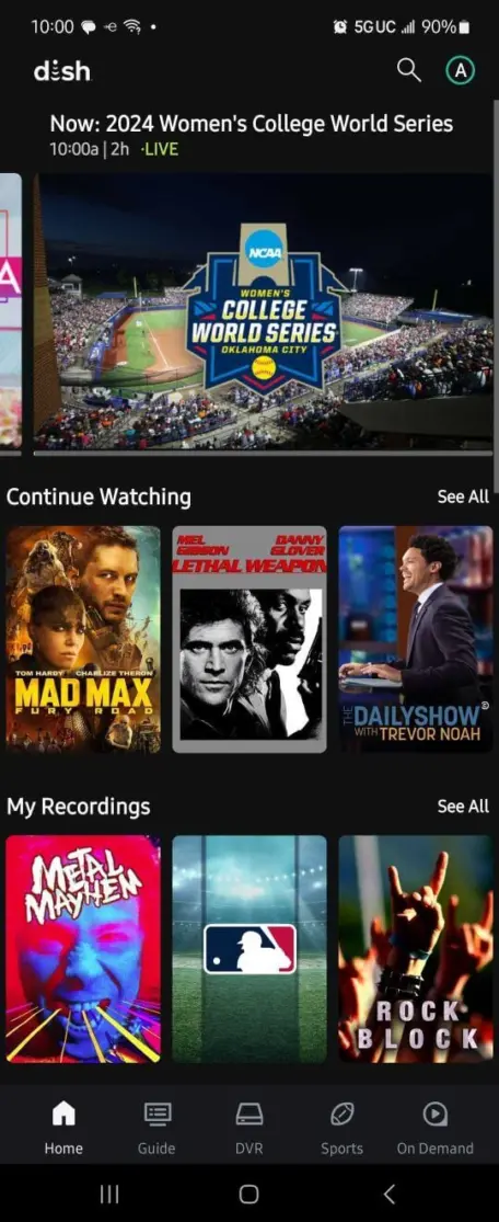 Screenshot of DISH Anywhere mobile app home screen