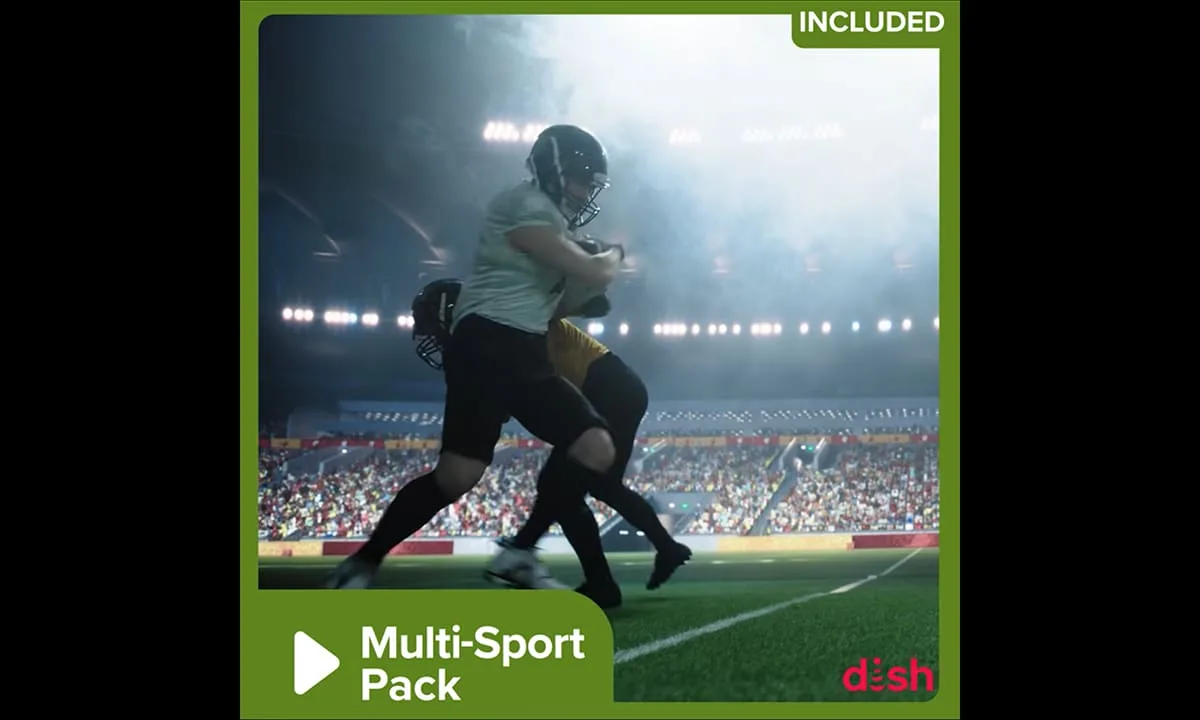 A football player runs with the ball while being tackled in a packed stadium, promoting the DISH Multi-Sport Pack.