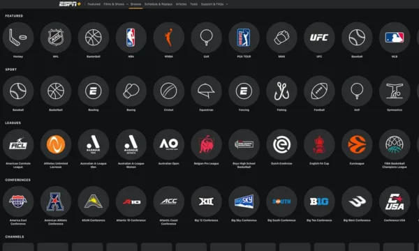 The ESPN Plus Browse menu displays rows of various sports and league logos.