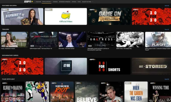 The ESPN Plus Films and Shows menu displays rows of featured series and documentaries.