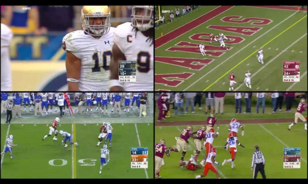 The ESPN+ Multicast feature displays a four-video grid of live sports on Apple TV.