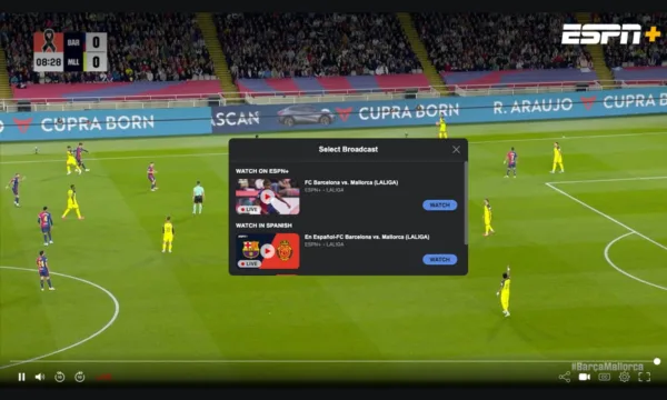 The ESPN Plus video player displays a “Select Broadcast” menu.
