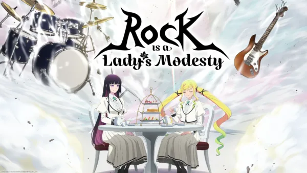 Two young women sit at a tea party surrounded by rock and roll instruments.
