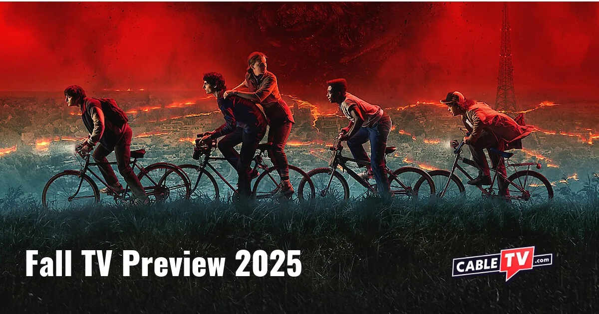 The Stranger Things cast rides across a red sky, previewing one of many upcoming TV shows.