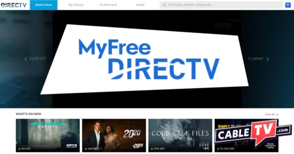 Image of MyFree DIRECTV’s Watch Now screen with the brand label in the center and the CableTV.com logo at bottom right.