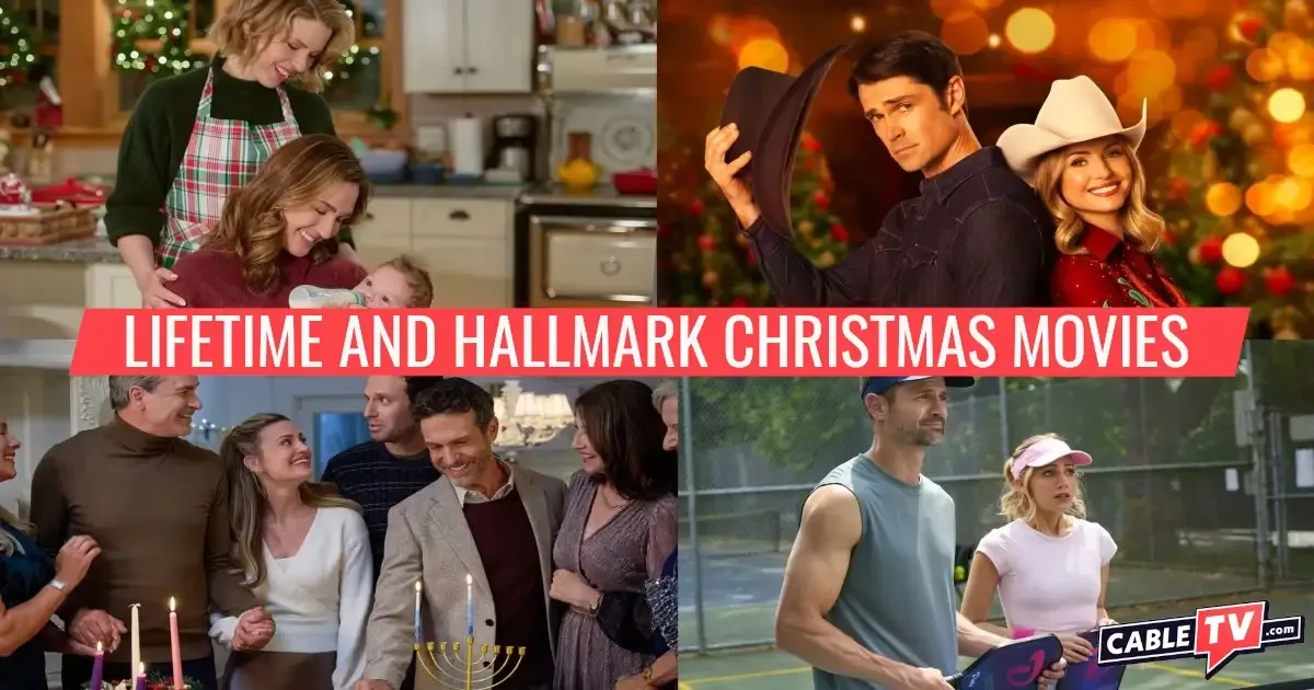 A collage of scenes from the 2025 Lifetime and Hallmark Christmas Movies The Christmas Baby, Rodeo Christmas Romance, Oy to the World, and A Pickleball Christmas.