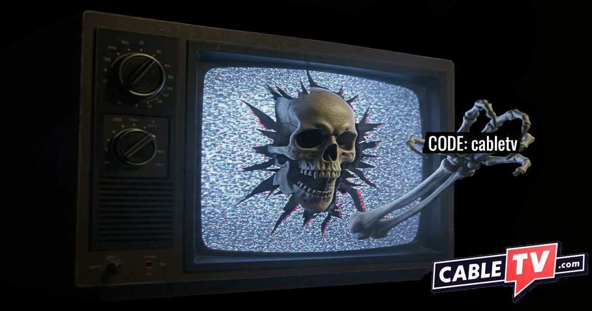 A skeleton breaks through the fuzzy screen of an old-style TV holding a promo code: “cabletv.”