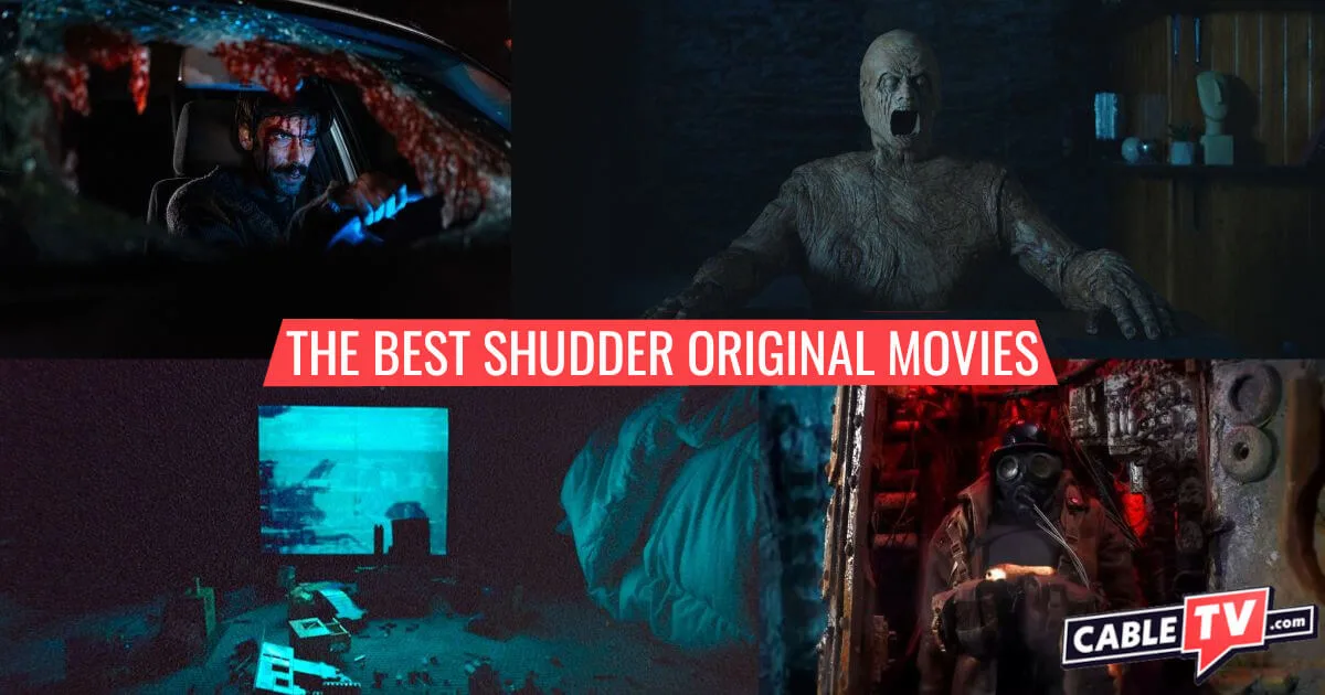 A collage of images from the Shudder Original movies When Evil Lurks, Oddity, Skinamarink, and Mad God.