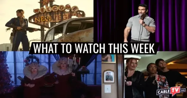 A collage of images from Fallout, Kumail Nanjiani: Night Thoughts, The Boulet Brothers’ Holiday of Horrors, and Mo’ Waffles, movies and shows covered in CableTV.com’s What to Watch This Week column for Dec. 15–21.