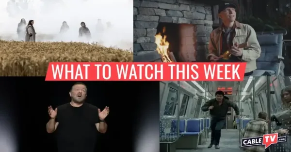 A collage of images from Sanctuary: A Witch’s Tale, Happy and You Know It, Ricky Gervais: Mortality, and The Copenhagen Test, movies and shows covered in CableTV.com’s What to Watch This Week column for Dec. 22–Jan. 4.