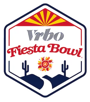 logo for the fiesta bowl college football game, a decorative hexagon with cacti and a sunset.