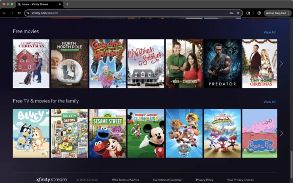 Screenshot of Xfinity Stream in the web browser client showing free tv and movies.