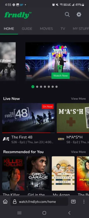 A screenshot of the Frndly TV home page shows scheduled programming.