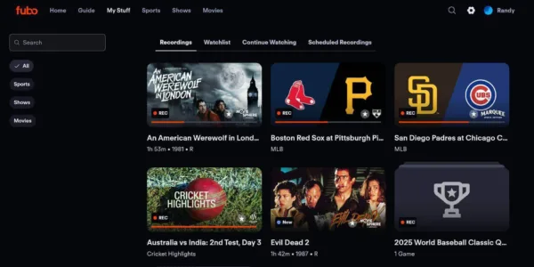 A screenshot of the Fubo "My Stuff" page viewed in the Chrome browser shows current DVR recordings.