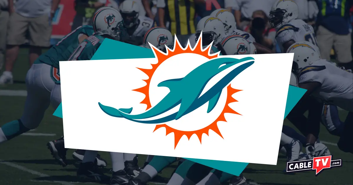 The Miami Dolphins logo over an action shot of the team.