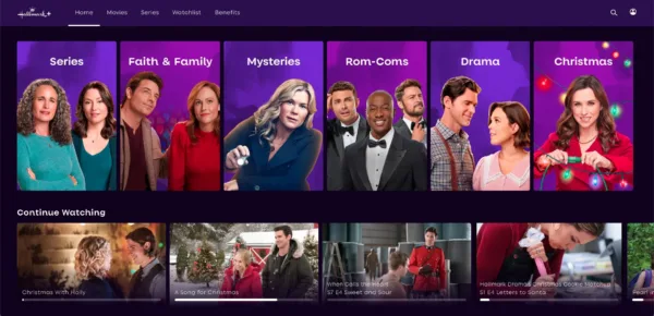 Desktop screenshot of Hallmark+ home page showing different sections of content, including Rom-Coms and Christmas
