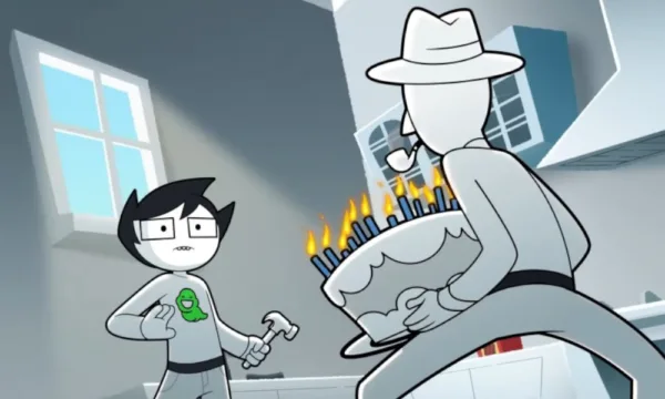 A cartoon boy holds a hammer while his father holds a birthday cake.