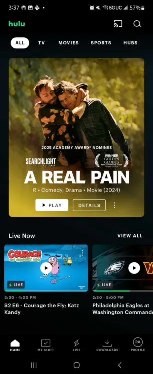 A screenshot of the Hulu + Live TV home page shows scheduled programming.