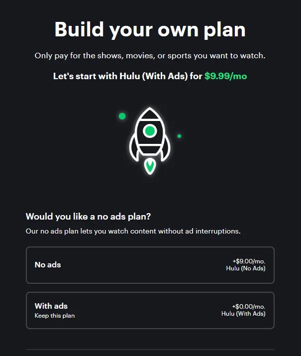 A Hulu screenshot saying “Build your own path” with an icon of a rocketship.