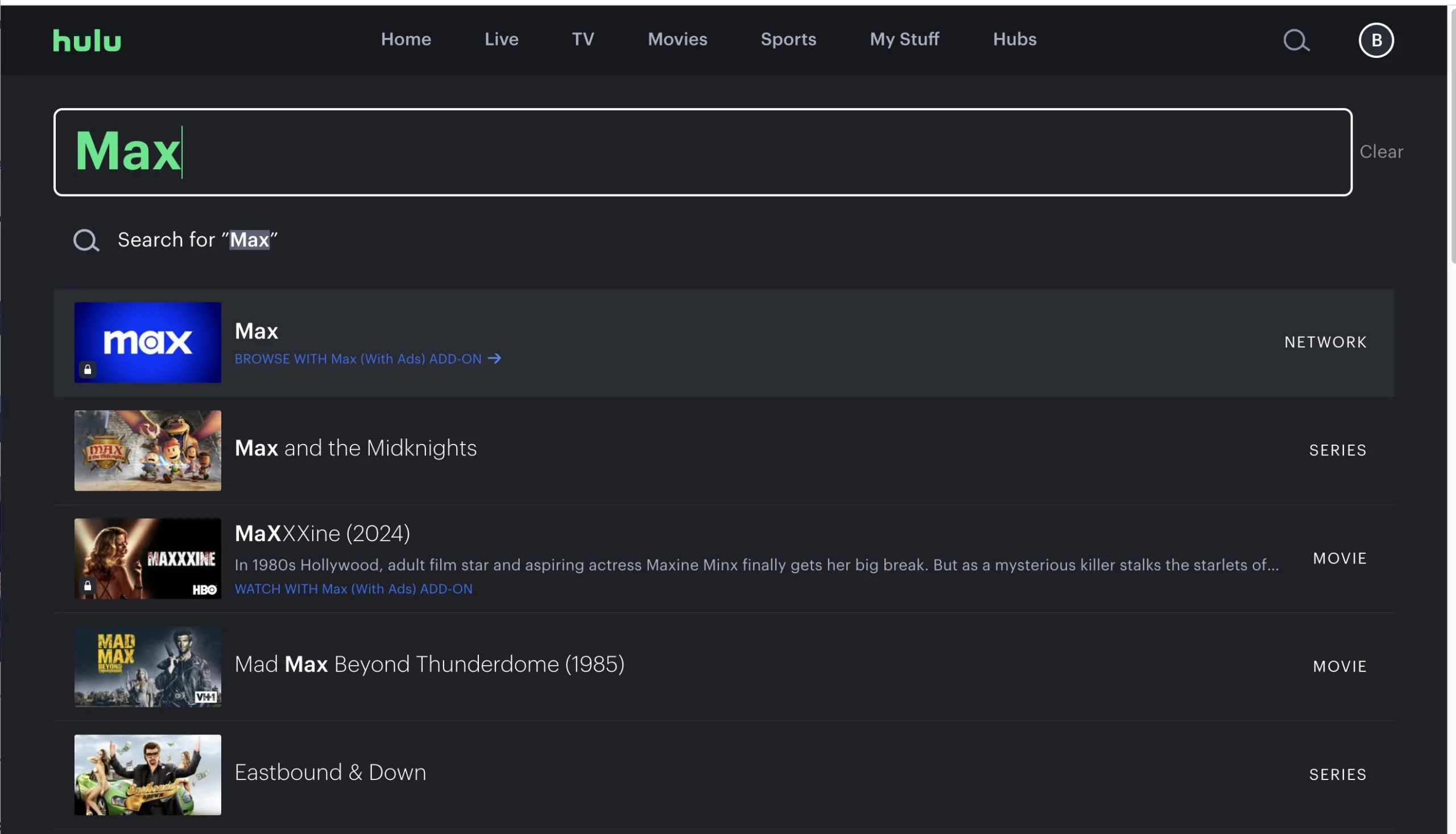A screenshot of the Hulu search page.