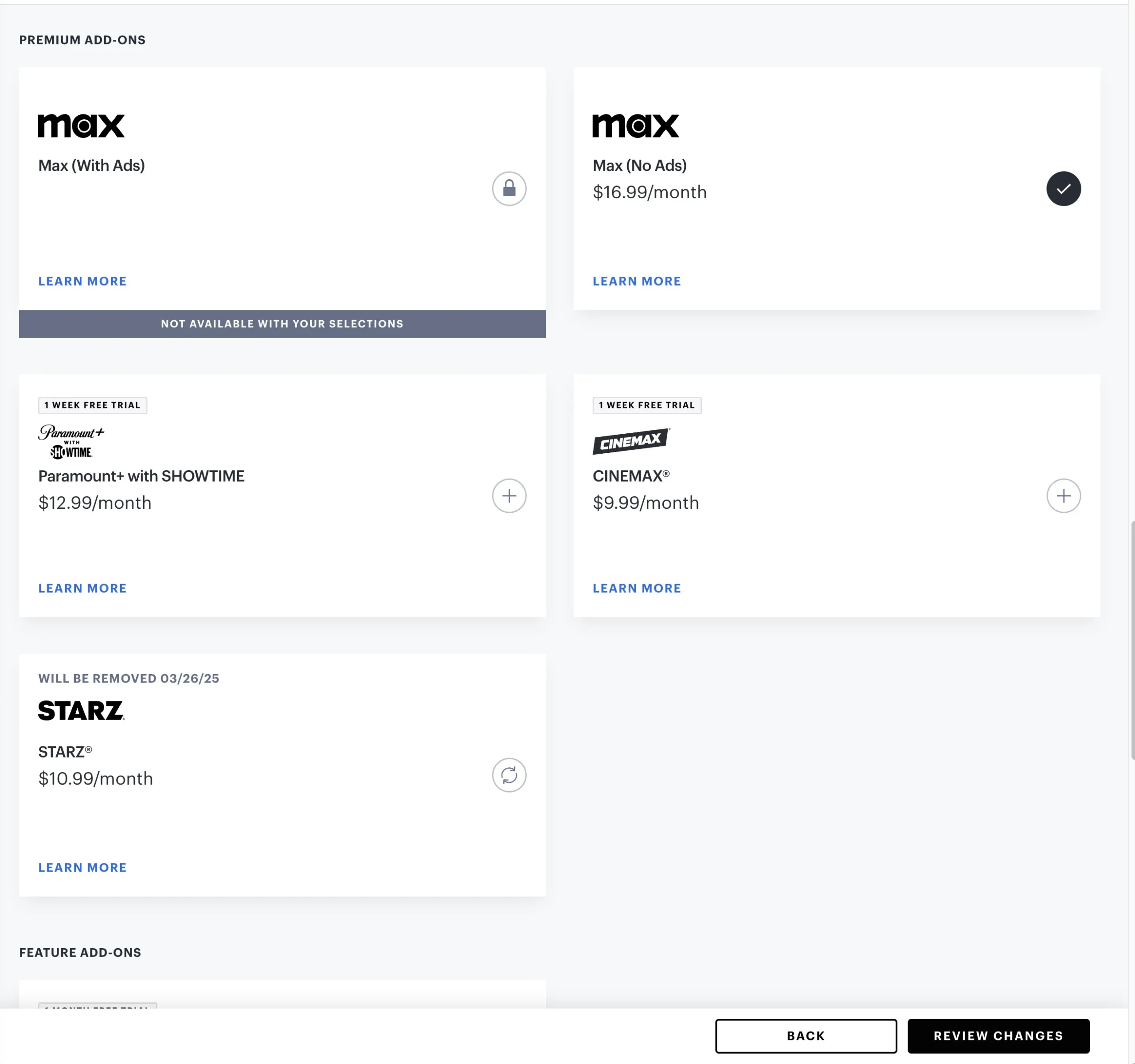 A screenshot of the add-ons section of the Hulu account management page.