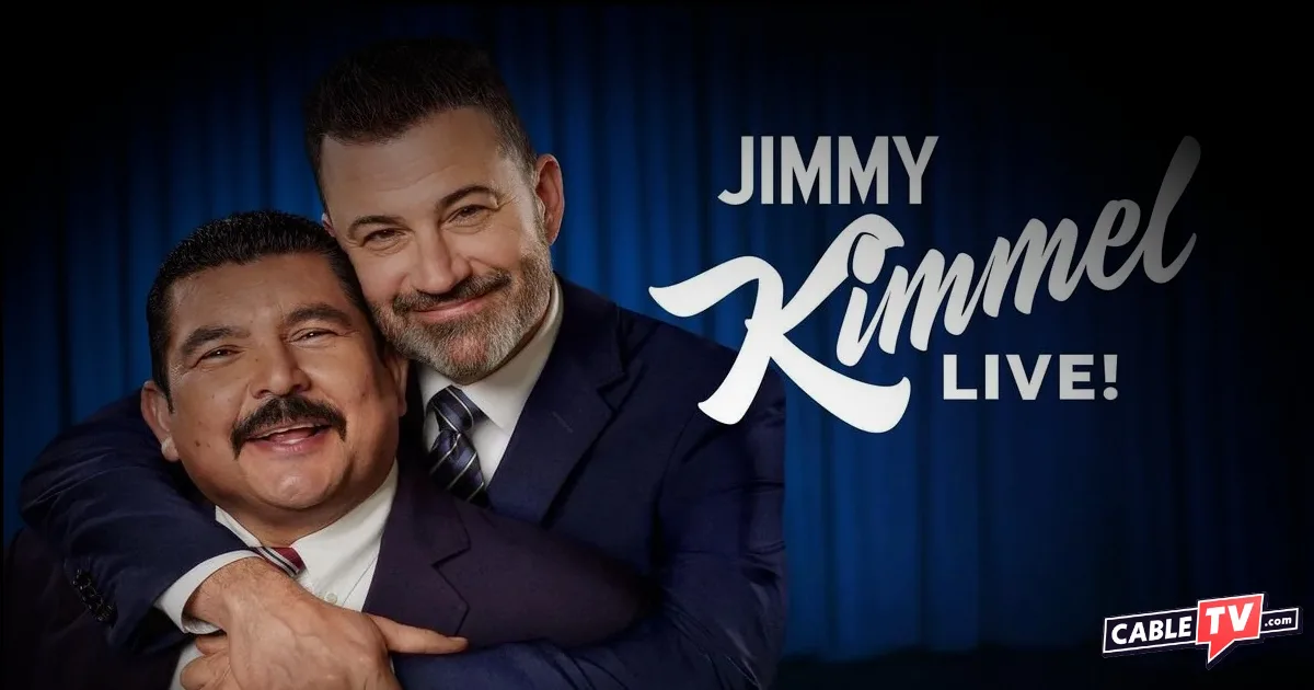 Jimmy Kimmel Live logo featuring Jimmy with Guillermo in front of a dark blue curtain background with vignette and CableTV.com logo in bottom right.