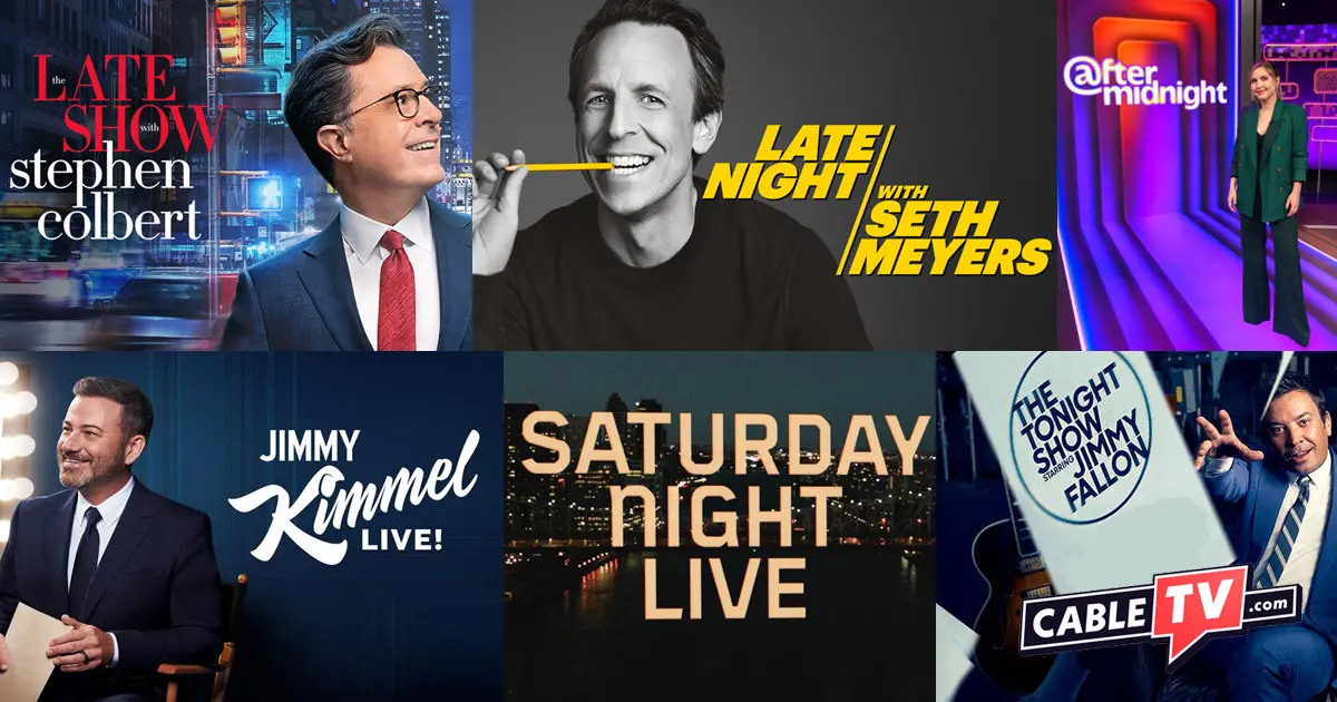 A collage of promotional images for The Late Show with Stephen Colbert, Jimmy Kimmel Live!, The Tonight Show Starring Jimmy Fallon, Late Night with Seth Meyers, After Midnight, and Saturday Night Live. Late-Night TV This week has couch lineups for each show.