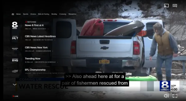 A screenshot of local news streaming through Paramount+, with a channel guide covering up the left half of the screen.