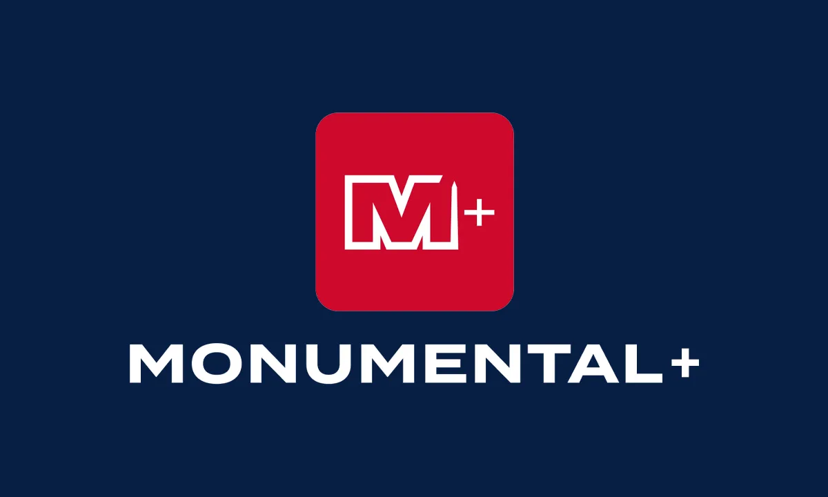 The Monumental Plus logo on a dark blue background.