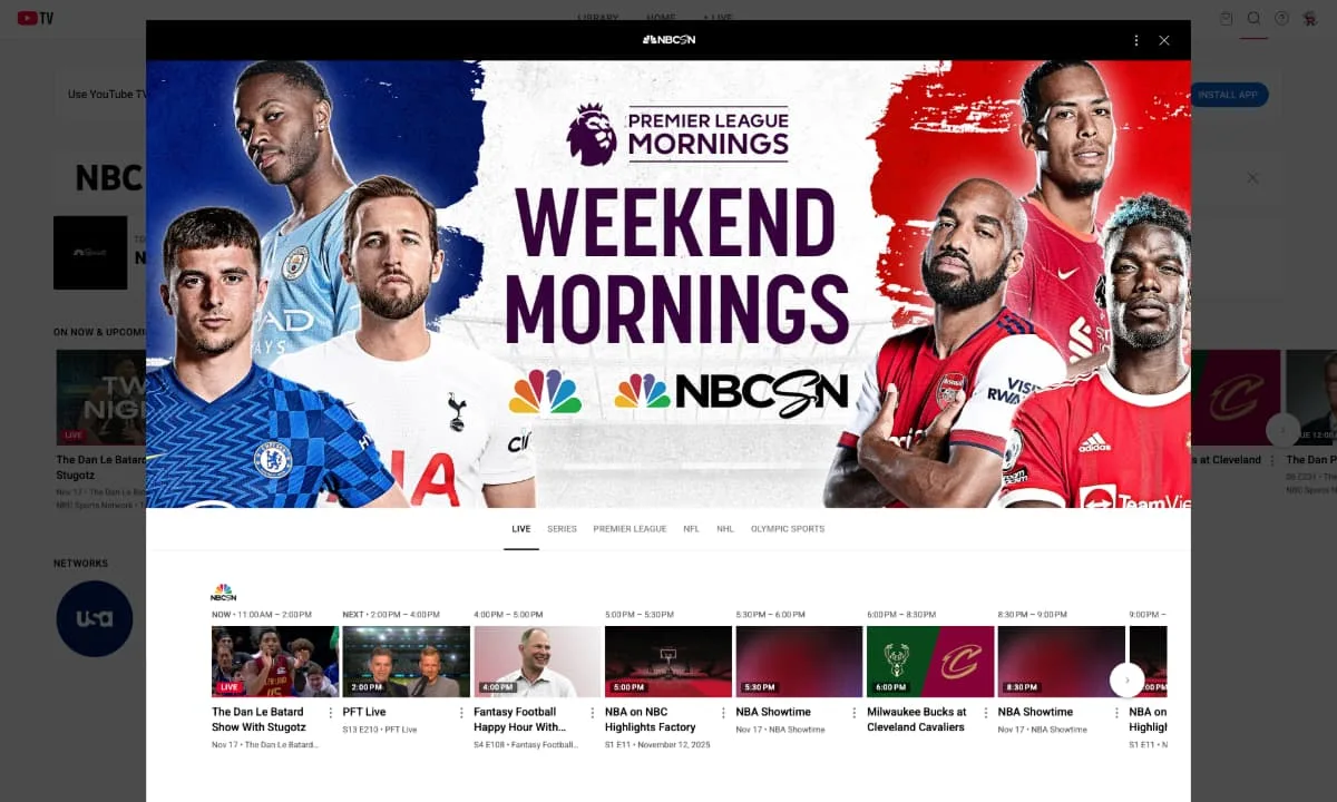 The NBC Sports Network channel page on YouTube TV.