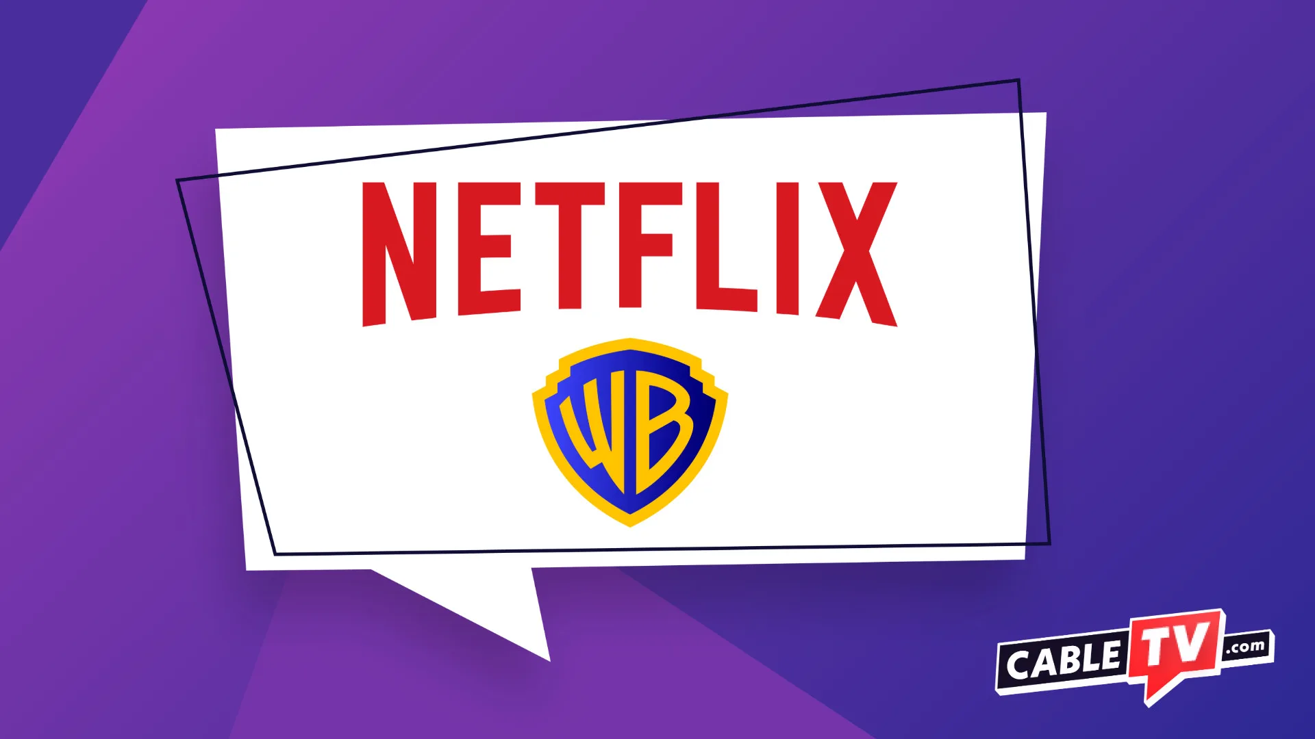 Netflix and Warner Bros. logos on a purple background and white speech bubble.