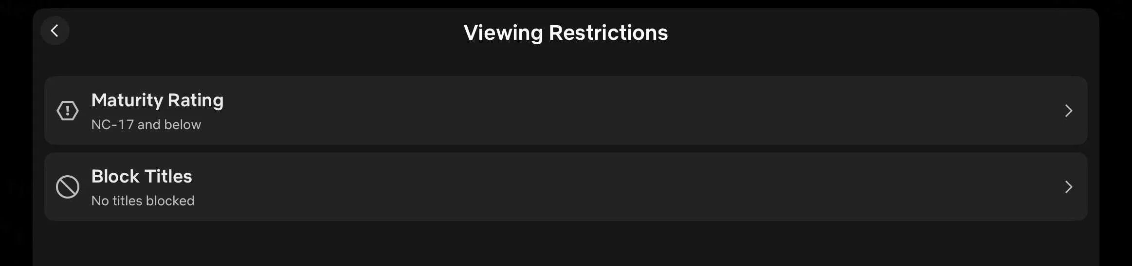 Screenshot of the Viewing Restrictions section in Netflix profile settings. There are two options: Maturity Rating and Block Titles.