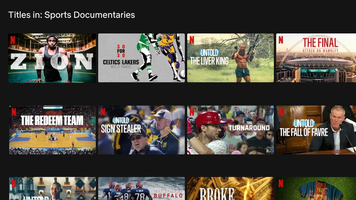Title cards of various sports documentaries on Netflix with a black background.