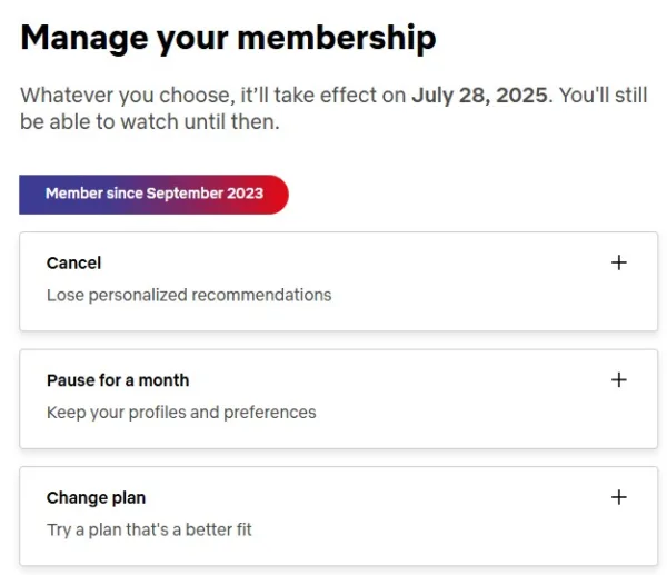 Screenshot of a page in Netflix’s cancellation process. There are three options: “Cancel,” “Pause for a month,” and “Change plan.”