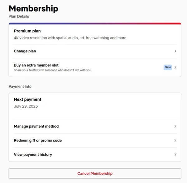 Screenshot of Netflix’s “Membership” settings page.
