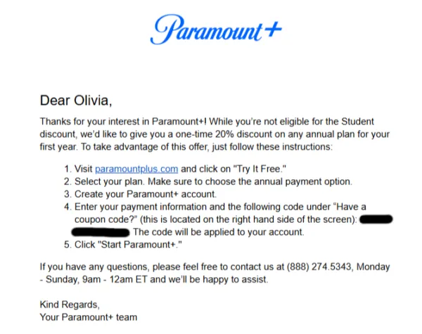 Screenshot of an email from Paramount+ and SheerID offering a 20% discount on any annual plan.