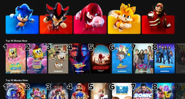 A screenshot of Paramount+ in Kids Mode, with colorful icons advertising different Sonic the Hedgehog characters.