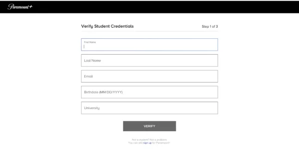 A screenshot of the application form for Paramount+’s student discount program.