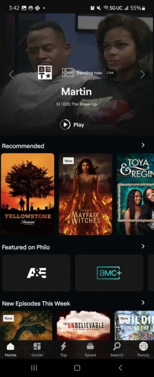 A screenshot of the Philo home page shows scheduled programming.
