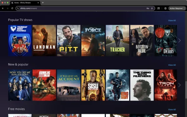 Screenshot of Xfinity Stream in the web browser client showing new and popular shows.