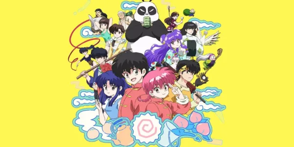 The characters of Ranma 1/2 pose against a yellow background.